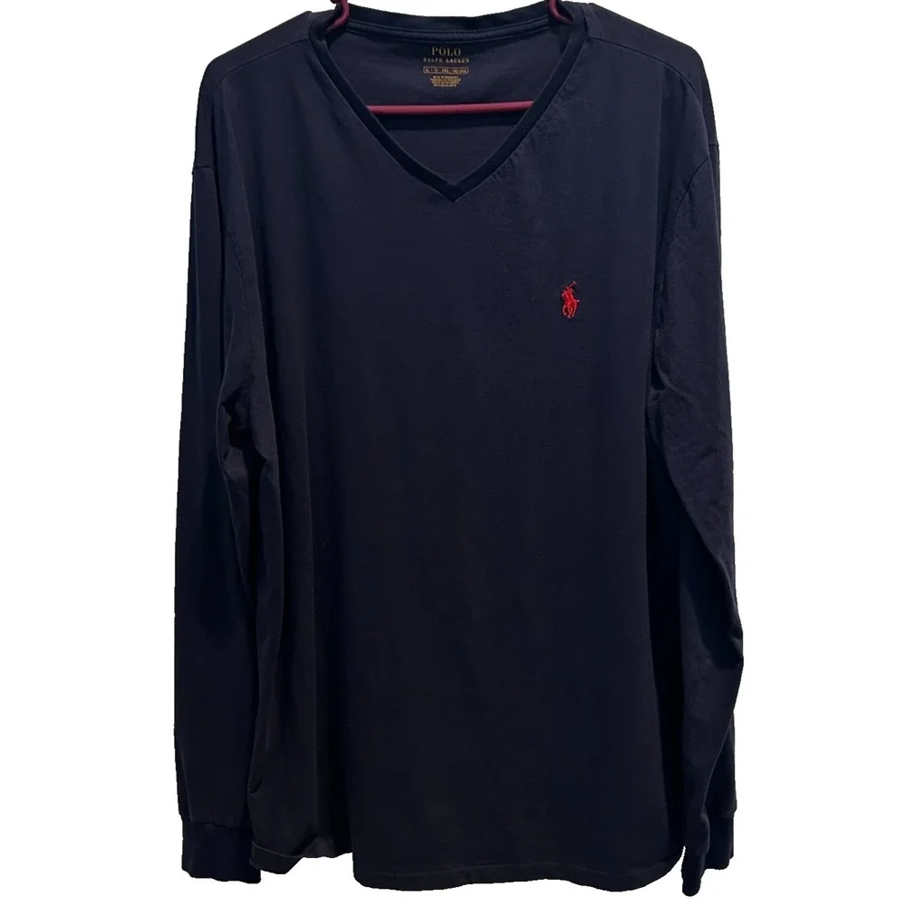 Polo Ralph Lauren V-Neck Thin Pullover Sweater Navy Blue XL Pony Logo Cotton